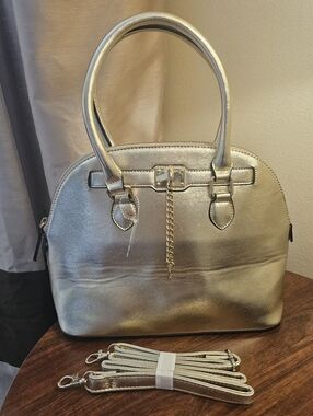 ALDO Metallic GOLD Dome Satchel Handbag with Chain Accent & KEY. NEW- NO TAGS